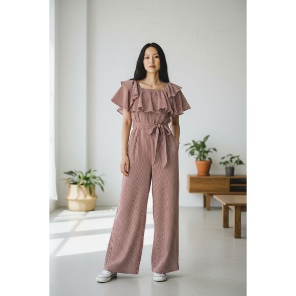 Eva France Womens Chic Jumpsuit S Brick Red White Striped Sleeveless Wide Leg - Picture 1 of 6